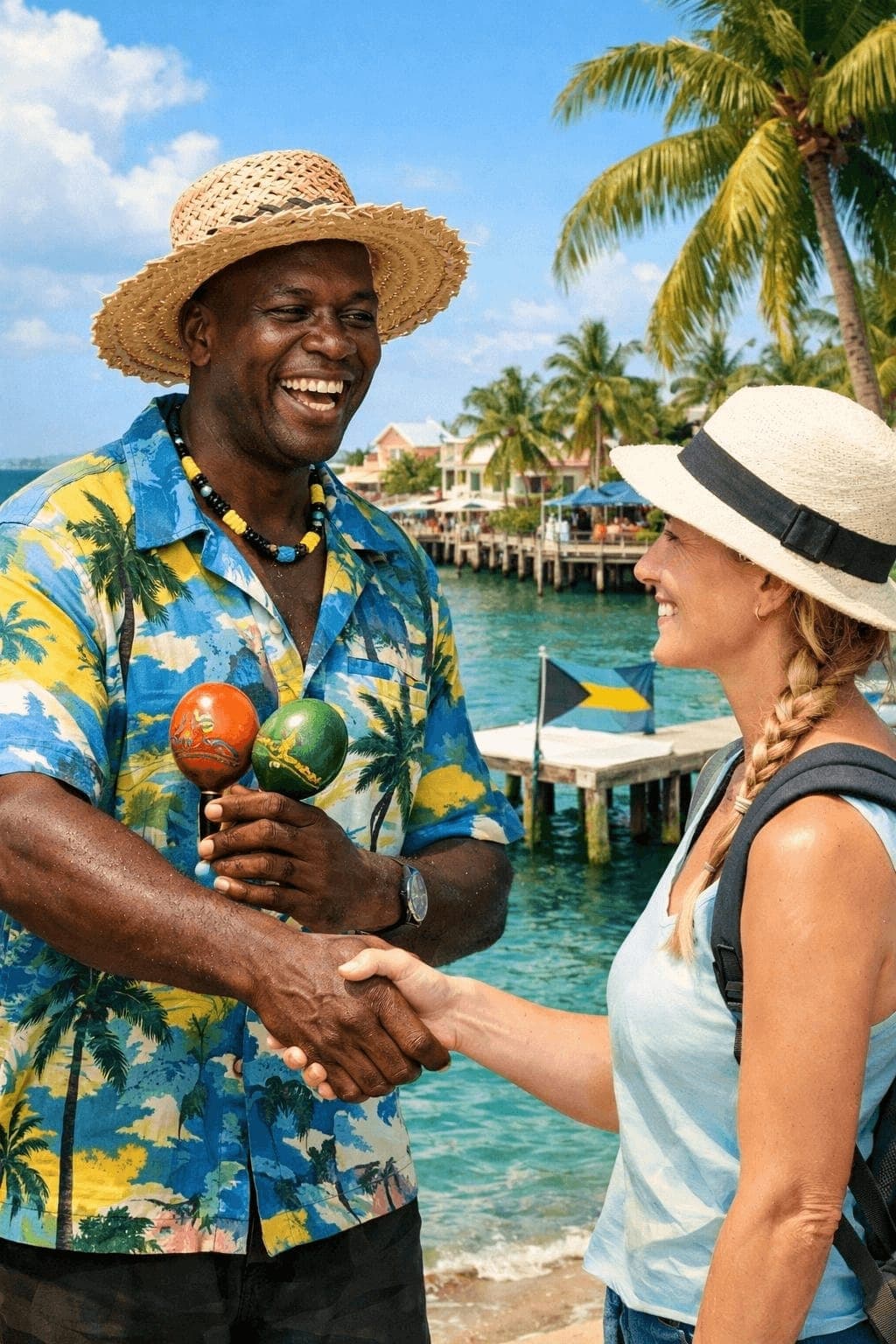 A local Bahamian guide warmly welcomes a visitor with a handshake on the Nassau waterfront